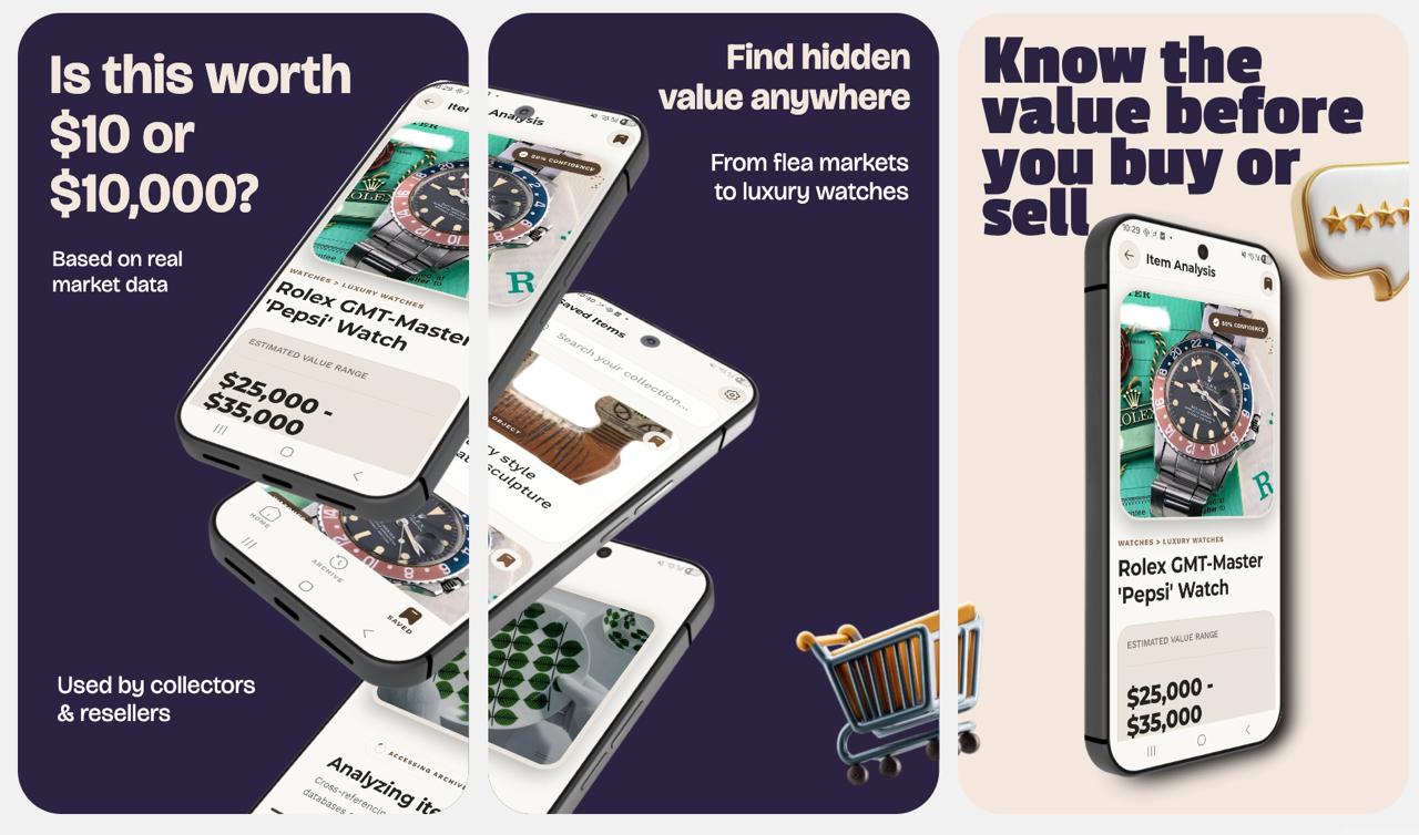 AntiqueLens promotional collage showing the app analyzing items and returning estimated values.